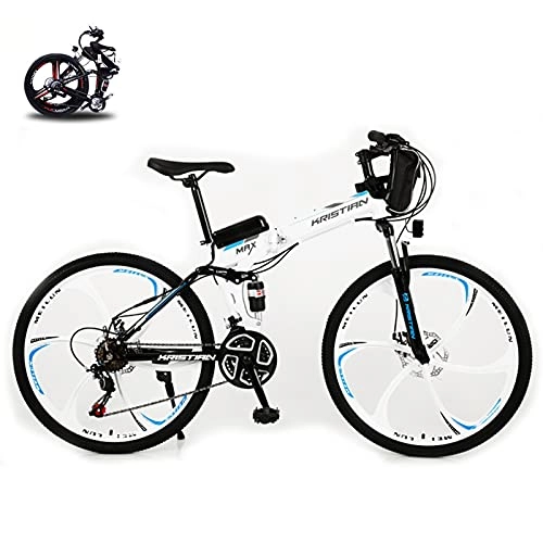 Mountain bike elettrica pieghevoles : Bicicletta elettrica pieghevole da 26", 350 W, batteria rimovibile, adatta per diversi terreni (sei coltelli bianchi e blu)