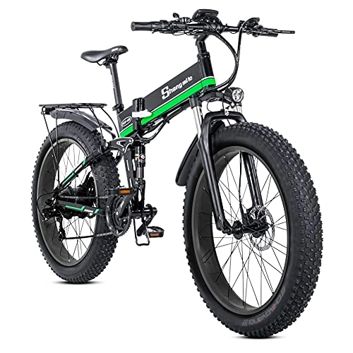 Mountain bike elettrica pieghevoles : Bicicletta elettrica pieghevole SAIWOO da 26 pollici, motoslitta con pneumatici larghi 4.0, mountain bike pieghevole da 26 pollici (verde), batteria al litio rimovibile 48V12.8Ah, adatta per adulti.