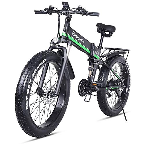 Mountain bike elettrica pieghevoles : BXZ 1000W Fat Electric Bike 48V Mens Mountain E Bike 21 Speeds 26 inch Fat Tire Road Bicycle Snow Bike Pedals with Hydraulic Disc Brakes and Full Suspension Fork (Removable Lithium Battery), Green