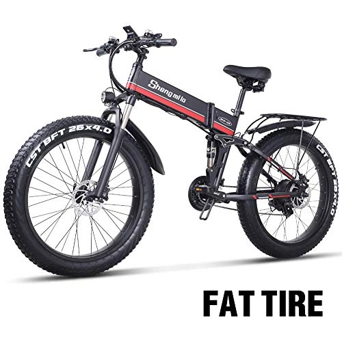 Mountain bike elettrica pieghevoles : BXZ 1000W Fat Electric Bike 48V Mens Mountain E Bike 21 Speeds 26 inch Fat Tire Road Bicycle Snow Bike Pedals with Hydraulic Disc Brakes and Full Suspension Fork (Removable Lithium Battery), Red