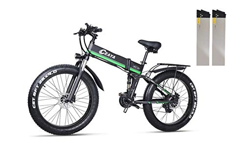 Mountain bike elettrica pieghevoles : Ceaya 26 Pollici Bici elettriche pieghevoli, 1000W, Batteria 48V12.8AH, Unisex Adulto (verde（Doppia batteria）)