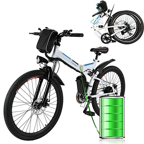 Mountain bike elettrica pieghevoles : E-Bike Bici Pieghevole Mountain Bike Bici Elettrica con Cambio Shimano 21 velocità, 250W, 8AH, Batteria agli ioni di Litio 36V, 26", Bici City Bike (Bianca)