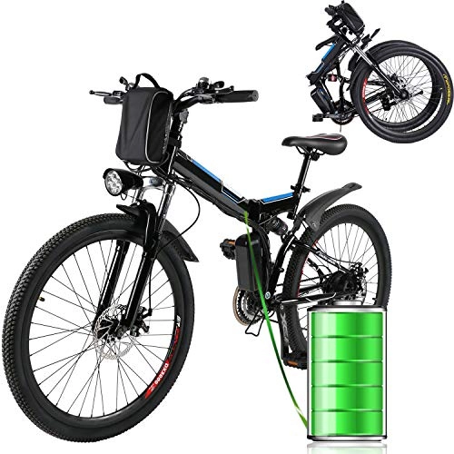 Mountain bike elettrica pieghevoles : E-Bike Bici Pieghevole Mountain Bike Bici Elettrica con Cambio Shimano 21 velocità, 250W, 8AH, Batteria agli ioni di Litio 36V, 26", Bici City Bike (Nero)