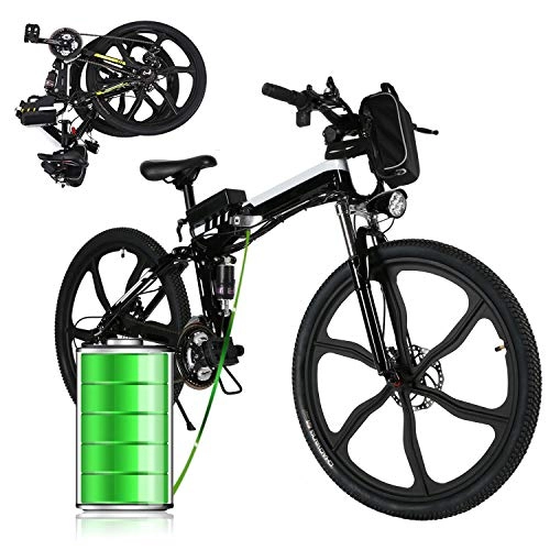 Mountain bike elettrica pieghevoles : E-Bike Bici Pieghevole Mountain Bike Bici Elettrica con Cambio Shimano 21 velocità, 250W, 8AH, Batteria agli ioni di Litio 36V, 26", Bici City Bike(Nero Bianco)