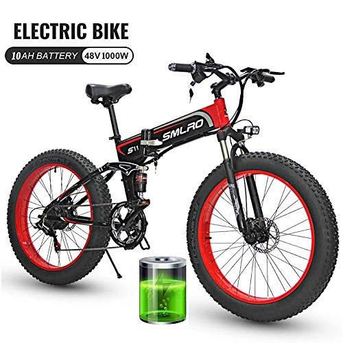 Mountain bike elettrica pieghevoles : Electric Mountain Bike della Bicicletta per Gli Adulti con Dirt 48V 10Ah Batteria al Litio Bici elettrica, di 7 velocit all Terrain MBT Bike, Black Red 1000w