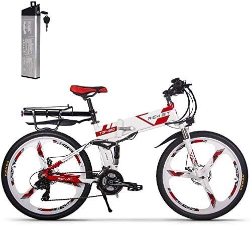 Mountain bike elettrica pieghevoles : ENLEE Rich Bit TOP-860 36V 250W 12.8Ah Bici da Città a Sospensione Completa Bicicletta Pieghevole da Mountain Bike Pieghevole elettrica (White-Red)