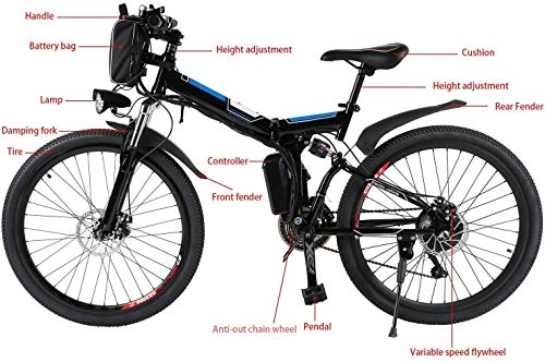 Mountain bike elettrica pieghevoles : fiugsed - Bicicletta elettrica da Mountain Bike, 26", 36 V, 250 W, con Cambio a 21 Marce