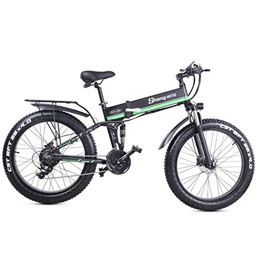 Mountain bike elettrica pieghevoles : GASLIKE 26 Pollici Fat Tire Bici elettrica per Adulti Neve / Montagna / Beach l'ebike, Motore da 1000W, 21 velocità Spiaggia Neve E-Bike con Sedile Posteriore, Verde