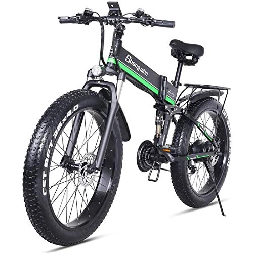 Mountain bike elettrica pieghevoles : GJNWRQCY Bicicletta elettrica da 1000 W, Mountain Bike Pieghevole, ebike per Pneumatici Grassi, ciclomotore Elettrico Pieghevole da 26 Pollici, 48 V 12, 8 Ah, Black Green