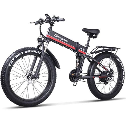 Mountain bike elettrica pieghevoles : GJNWRQCY Bicicletta elettrica da 1000 W, Mountain Bike Pieghevole, ebike per Pneumatici Grassi, ciclomotore Elettrico Pieghevole da 26 Pollici, 48 V 12, 8 Ah, Black Red