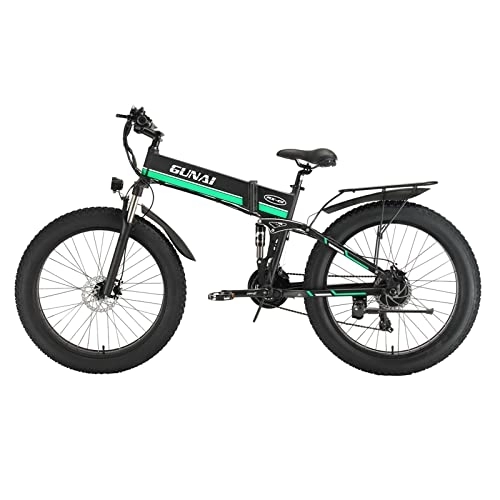 Mountain bike elettrica pieghevoles : GUNAI Bici elettrica 26 Pollici Pieghevole Fat Tire Snow Bike 21 velocità Mountain E-Bike con Sedile Posteriore （Verde）