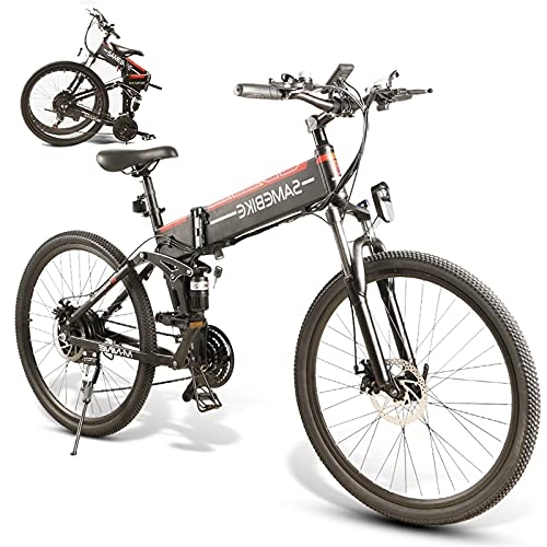 Mountain bike elettrica pieghevoles : JINGJIN E-Bike 26"* 1.95" Pneumatici CHAOYANG | Mountain Bike e Motore della Ruota Posteriore per 35 km / h | Bicicletta con Forcella Ammortizzata MTB, Luce LED e Sella Sportiva, Black-A
