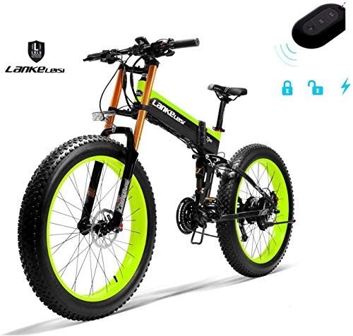 Mountain bike elettrica pieghevoles : LANKELEISI 750PLUS 48 V 14, 5 Ah 1000 W bicicletta elettrica completa 26" 4.0 grande pneumatico MTB e-bike pieghevole adulto antifurto femmina / maschio, grande forcella (verde)