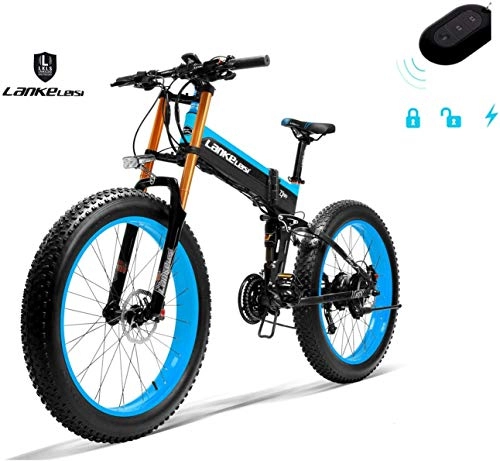 Mountain bike elettrica pieghevoles : LANKELEISI 750PLUS 48V 14.5AH 1000W Motore potente per bicicletta elettrica 26'' 4.0 grs pneumatico MTB bicicletta elettrica pieghevole per adulti donna / uomo con dispositivo antifurto, blu