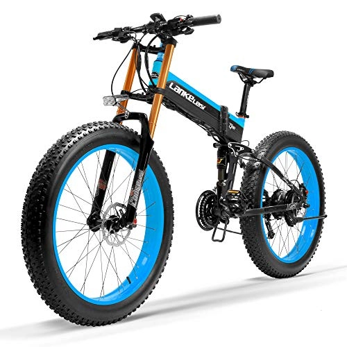 Mountain bike elettrica pieghevoles : LANKELEISI T750Plus 27 Speed 1000W Bici elettrica Pieghevole 26 * 4.0 Fat Bike 5 PAS Disco Idraulico Freno 48V 10Ah Batteria al Litio Rimovibile(Black Blue Upgraded, 1000W+1 Batteria di Ricambio)