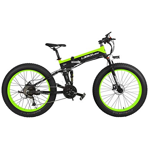 Mountain bike elettrica pieghevoles : LANKELEISI T750Plus 27 Speed 26 * 4.0 Fat Bike, Bici elettrica Pieghevole 500W 48V 10Ah Batteria Nascosta, Bicicletta da Neve, Sospensione Completa (Black Green Standard, 500W+1 Batteria di Ricambio)