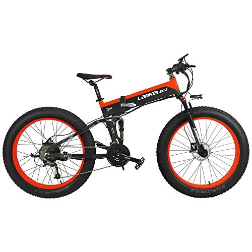Mountain bike elettrica pieghevoles : LANKELEISI T750Plus 27 Speed 26 * 4.0 Fat Bike, Bici elettrica Pieghevole 500W 48V 10Ah Batteria Nascosta, Bicicletta da Neve, Sospensione Completa (Black Red Standard, 500W+1 Batteria di Ricambio)