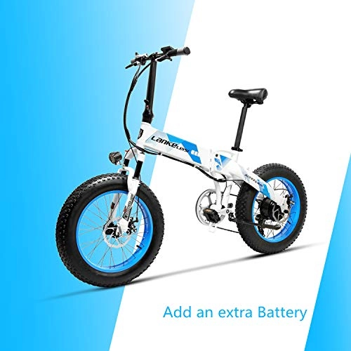 Mountain bike elettrica pieghevoles : LANKELEISI X2000 48V 500W 10.4AH 20 x 4.0 Pollici Fat Tire 7 velocità con Shimano Shifting Lever Bici elettrica Pieghevole, per Mountain Bike Bici da Neve (Blu + 1 Batteria supplementare)