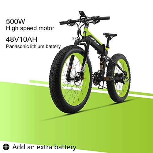 Mountain bike elettrica pieghevoles : LANKELEISI XT 750 Plus 48V10AH 500W Motore Nuovo Bici elettrica 26 '' 4.0 all'Ingrosso Tiro Ebike 27 velocità Neve MTB Pieghevole Bici elettrica (Verde + 1 Batteria supplementare)
