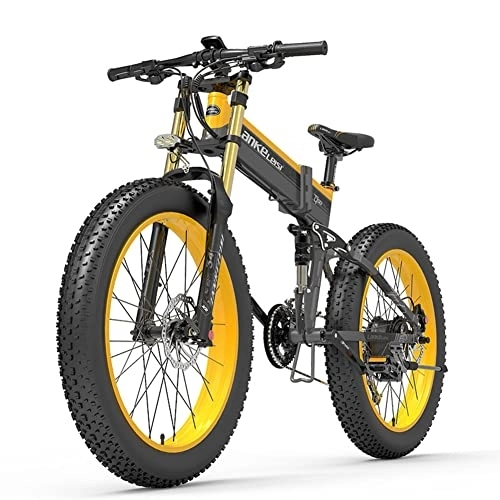 Mountain bike elettrica pieghevoles : Mountain bike elettrica pieghevole T750plus da 26 pollici, motoslitta con pneumatici larghi 27 velocità 4.0, con batteria al litio 48V14.5Ah / 17.5Ah, adatta per adulti (giallo, 14.5Ah)