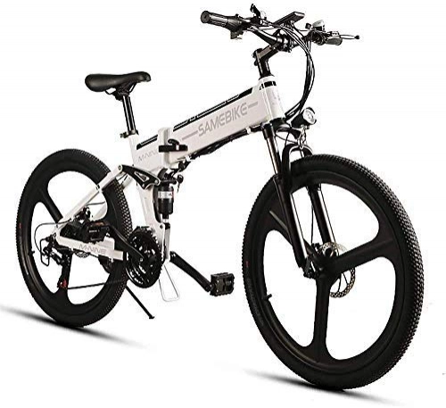 Mountain bike elettrica pieghevoles : OUXI LO26 - Bicicletta elettrica per adulti, 26 pollici, pieghevole, con cambio Shimano a 21 velocità, velocità massima 35 km / h, 350 W, 10, 4 Ah, colore: Bianco