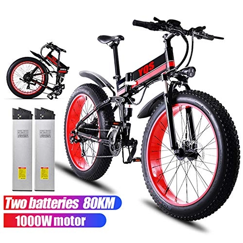 Mountain bike elettrica pieghevoles : Qnlly Bicicletta elettrica 1000W 80 KM 4.0 Fat Tire Snow Mountain Bike Ebike Bicicletta elettrica Ebike 48V Bicicletta elettrica (2 batterie), Rosso