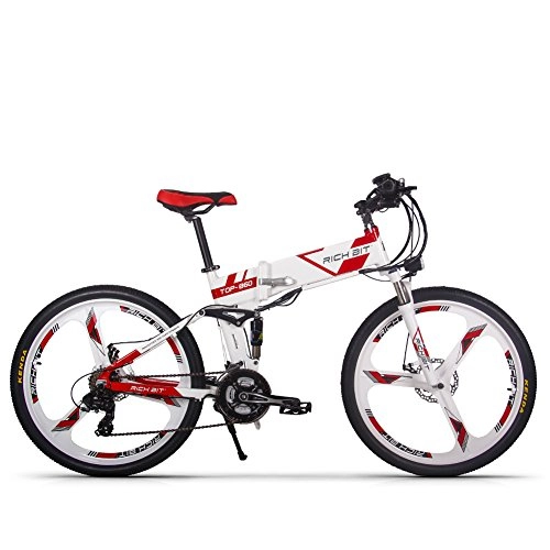 Mountain bike elettrica pieghevoles : RICH BIT Bicicleta eléctrica RT860 250W * 36V * 12.8Ah Bicicleta Plegable Shimano Bicicleta eléctrica Inteligente MTB de 21 velocidades (bianco rosso)