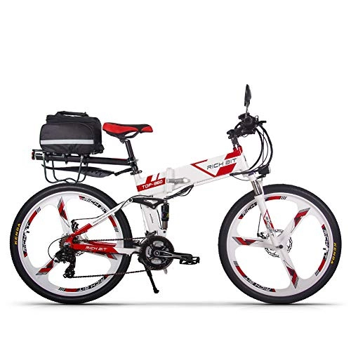 Mountain bike elettrica pieghevoles : RICH BIT Bicicletta elettrica 250 W * 36 V * 12, 8 Ah Bicicletta pieghevole Shimano 21 velocità Mountain Ebike (bianco rosso)