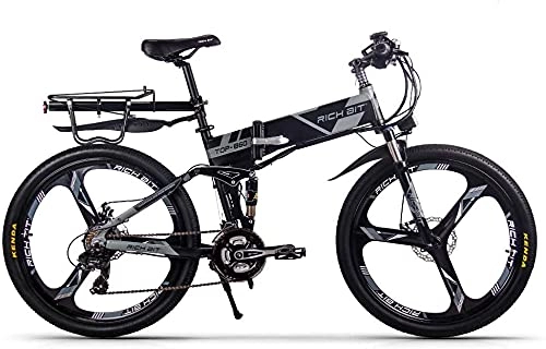 Mountain bike elettrica pieghevoles : RICH BIT Mountain Bike 250W Brushless Motor Sport Bike, 36V 12, 8Ah batteria al litio bici elettrica, freno a disco meccanico Ebike (Grigio-Nero)