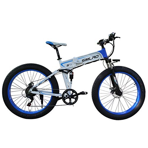 Mountain bike elettrica pieghevoles : SAWOO Bicicletta elettrica 1000W Mountain Fat Tire 26"4.0 pollici Batteria pieghevole 14, 5 Ah e bici Ciclomotore da neve MTB per adulti 7 velocità (blu)