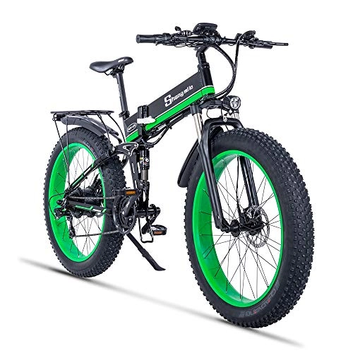 Mountain bike elettrica pieghevoles : Shengmilo 1000W Fat Mountain Bike elettrica 26 Pollici E-Bike 48V 13Ah (E-Bike Green (Batteria Inclusa))