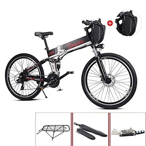 Mountain bike elettrica pieghevoles : SYLTL E-Bike Mountain Bike 48V 10.4Ah Grande capacit Batteria al Litio Bici Elettrica da 26 Pollici 21Marce Bicicletta da Montagna, Nero, 500W