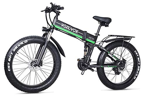 Mountain bike elettrica pieghevoles : VOZCVOX 26 Pollici Bici elettrica, 48V Bici Montagna, Shimano 21velocità, Full Suspension, velocità 40km / h, Mileage 50-60km, con Sedile Posteriore