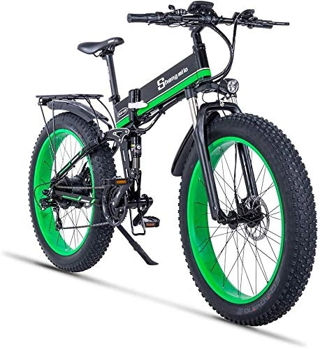 Mountain bike elettrica pieghevoles : XXCY 1000W ebike Fat Tire Bici elettrica Pieghevole Mountain Bike 26 'Full Suspension 48V12AH 21 Pedali Assist … (Green)