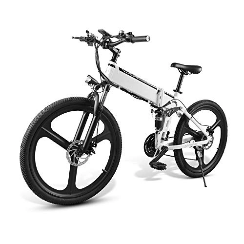 Mountain bike elettrica pieghevoles : Ydshyth Mountain Bike da 26 Pollici, 350 W 48 V, con Ruota Integrata in Lega di Magnesio Super, Sospensione Completa Premium E Cambio A 21 velocità, Bianca
