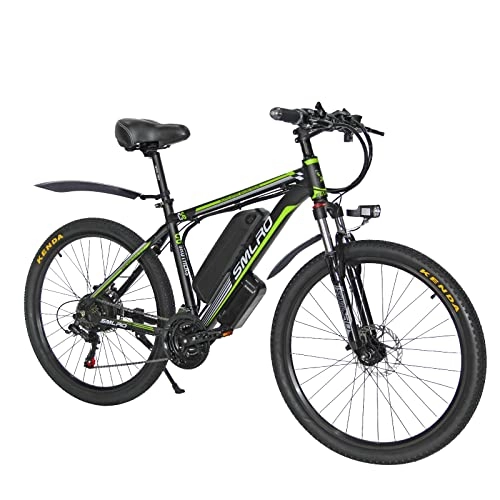 Mountain bike elettriches : AKEZ Bicicletta elettrica da 26 pollici, bicicletta elettrica da uomo e da donna, con batteria rimovibile da 48 V / 10 Ah, cambio Shimano a 21 marce (Black Green)