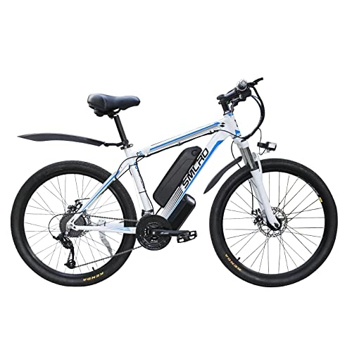 Mountain bike elettriches : AKEZ Bicicletta elettrica da 26 pollici, bicicletta elettrica da uomo e da donna, con batteria rimovibile da 48 V / 10 Ah, cambio Shimano a 21 marce (blu bianco)