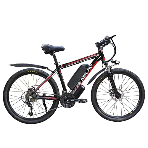 Mountain bike elettriches : AKEZ Bicicletta elettrica da 26 pollici, mountain bike, 250 W, per uomo e donna, City Ebike, batteria rimovibile da 48 V / 10 Ah, con cambio Shimano a 21 velocità (nero / rosso)