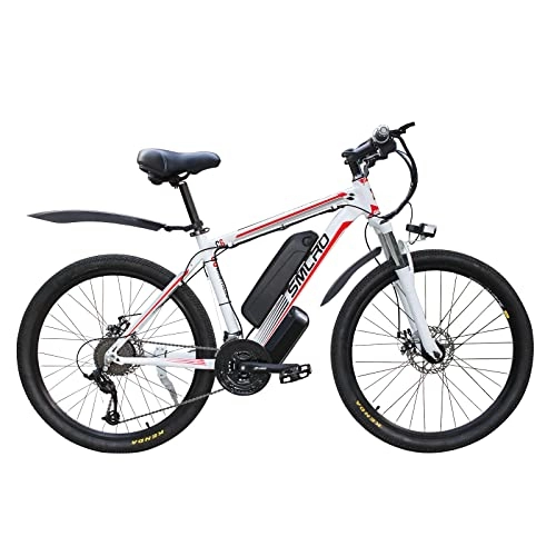 Mountain bike elettriches : AKEZ Bicicletta elettrica da uomo, mountain bike, 26 pollici, bicicletta elettrica da donna, con batteria rimovibile da 48 V / 10 Ah, cambio Shimano a 21 velocità (bianco rosso-500)