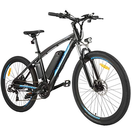 Mountain bike elettriches : ANCHEER Bici Elettriche per Adulti, Mountain Bike Elettrica 27, 5 '' con 36 V 10 Ah Li-Ion e cambio a 7 / 21 velocità, Ebike E-MTB per Uomini Adulti — AE7 (AE7-blu)