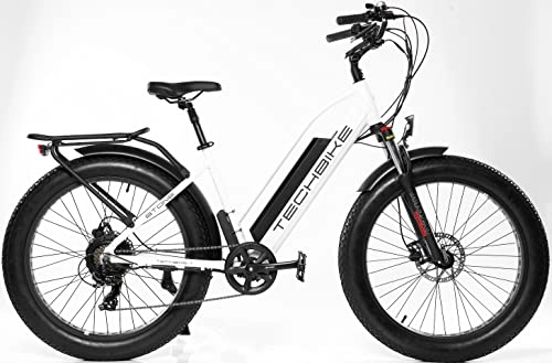 Mountain bike elettriches : BICI 26 FAT BIKE ELETTRICA E-BIKE TECHBIKE STONE MOTORE 250W BATTERIA SAMSUNG 48V 18Ah (BIANCO)