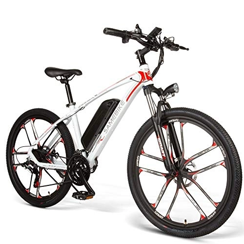 Mountain bike elettriches : Bici elettrica SAIWOO SM26 26 pollici (bianca), mountain bike in lega di alluminio, dotata di Shimano 21 velocità, batteria al litio rimovibile 48V8Ah, adatta per adulti