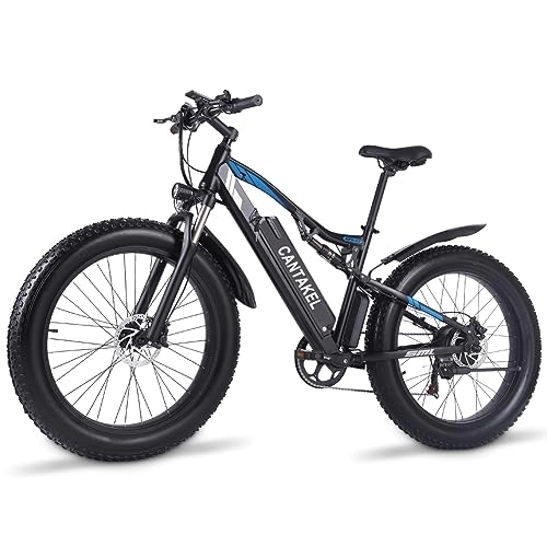 Mountain bike elettriches : CANTAKEL Bici Elettrica per Adulti, Ebike Fat Tire da 26 '' con Batteria 48V 17AH, Mountain Bike MTB a Sospensione Completa con Cambio a 7 Velocità