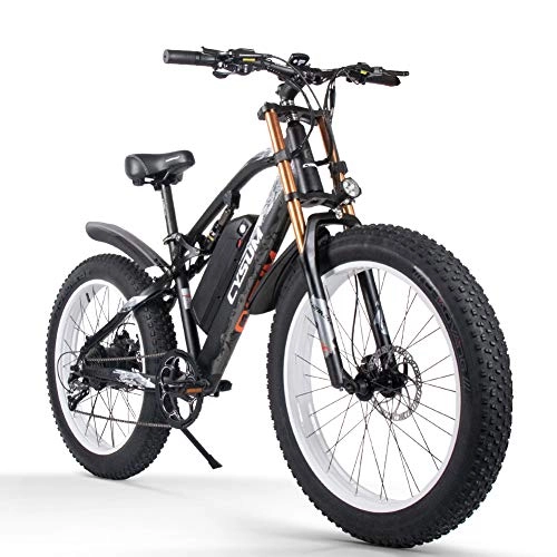 Mountain bike elettriches : cysum Bici elettriche per Uomo, gomme grasse da 26 Pollici per Biciclette per Tutti i Terreni, Mountain Bike per Adulti con Batteria Li Rimovibile da 48 V 17Ah Rimovibile (Black-White)