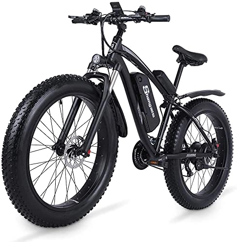 Mountain bike elettriches : Haowahah Shengmilo MX02S Bicicletta elettrica da 48V 1000W da neve con Shimano a 21 velocità, batteria al litio, freno a disco idraulico (nero, aggiungere una batteria extra)