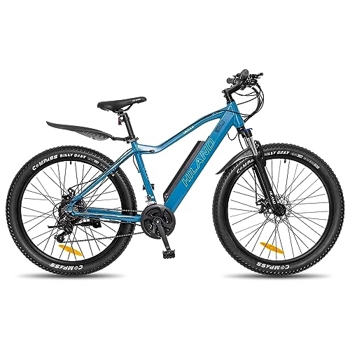 Mountain bike elettriches : HILAND Bicicletta elettrica da 27, 5 pollici, Fat Tire E-MTB, in alluminio, E-Mountain Bike Shimano a 21 marce e motore posteriore per uomo e donna, 25 km / h, blu