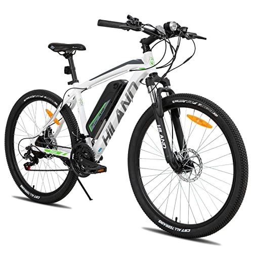 Mountain bike elettriches : Hiland Mountain Bike Elettrica da 26 Pollici con Shimano a 21 velocità Ciclomotore 250W con Freno a Disco E-MTB per Uomo e Donna con Forcella Ammortizzata Batteria al Litio da 36 V 10, 4 Ah Bianco