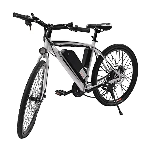 Mountain bike elettriches : JINPRDAMZ E-Bike 26 pollici, mountain bike bianca con motore rimovibile da 250 W fino a 25 km / h, trasmissione a 21 velocità e luce LED, tre modalità di guida, bici elettrica per uomo e donna.