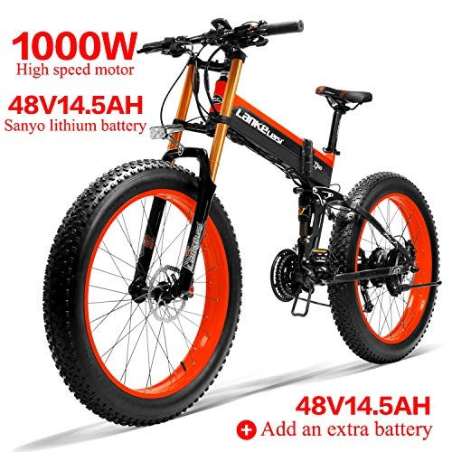 Mountain bike elettriches : LANKELEISI 750PLUS 48V14.5AH 1000W Motore Bicicletta elettrica Full-Optional 26''4.0 Pneumatico Ebike Bici 27 velocità Adulto Femmina / Maschio (Nero Rosso + 1 Batteria supplementare)