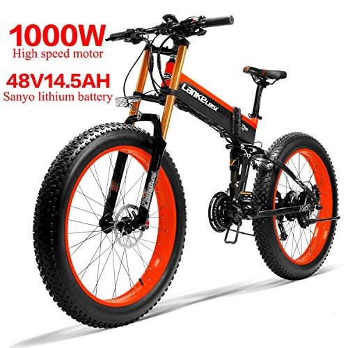 Mountain bike elettriches : LANKELEISI 750PLUS 48V14.5AH 1000W Motore Bicicletta elettrica Full-Optional 26''4.0 Pneumatico Ebike Bici 27 velocità Adulto Femmina / Maschio (Nero Rosso)